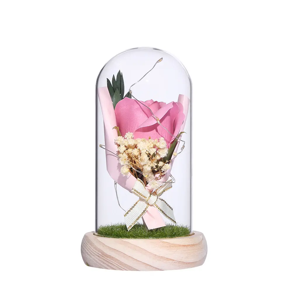Mini artesanato rosa multicolorida para presente de dia dos namorados presente romântico flor artificial com luz LED em cúpula de vidro transparente