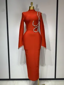 Abito da Sera Lungo Aderente da Donna, Stile Club Sexy, con Maniche Lunghe, Perline, Scollatura Illusione, Collo Alto, in Spandex/Poliestere - Product Image 1