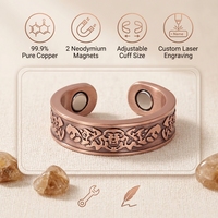 Bague ouverte ajustable en cuivre pur à 99,9 %, motif crâne vintage, plaqué antique, avec 2 aimants néodyme, gravable au laser sur mesure, thérapeutique