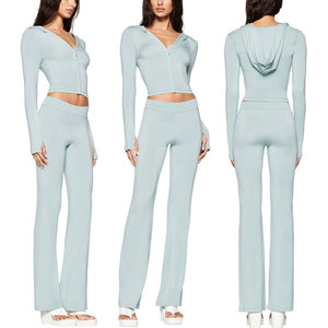 Huili ชุดเสื้อผ้า2ชิ้นสำหรับผู้หญิงเสื้อและกางเกงกีฬารัดรูปมีซิปมีฮู้ดเนื้อผ้านุ่มระบายอากาศได้ดี - Product Image 4