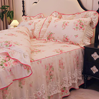 Ensemble de literie en coton 100% 40S à motifs floraux, jupe de lit à volants style princesse, ensemble de housse de couette 4 pièces