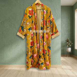 Robe kimono à imprimé floral orange, manches longues, longueur longue, 100% coton, veste pour femme, printemps/hiver - Product Image 4
