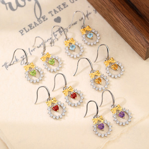 9 Pendientes Colgantes de Moda con Cristales Flotantes, Lazo y Flor, Plata 925 Bañada en Oro, Piedra Natural de Corte Corazón de 4mm, Joyería para Mujer - Product Image 3