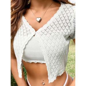 White <b>Cropped</b> Open Knit <b>Short</b> <b>Sleeve</b> <b>Cardigan</b> for Women Summer Top - Product Image 1