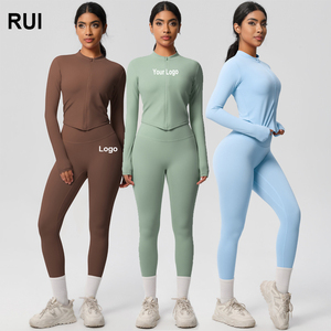 RUIQUWIN OEM Vêtements de sport d'entraînement fitness à manches longues avec fermeture éclair sur le devant pour femmes Leggings de yoga deux pièces Ensemble de fitness de gymnastique - Product Image 1