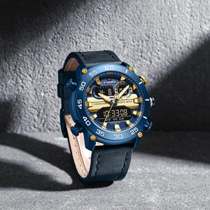 NAVIFORCE 9235 BEBEBE Montre à quartz en cuir véritable bleu d'usine pour hommes, double heure, analogique, sport, étanche, montre-bracelet OEM - Product Image 4