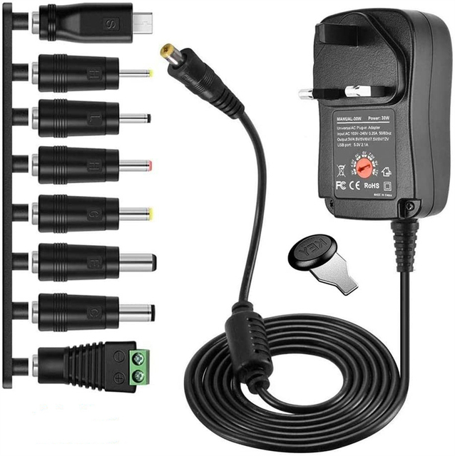 3-12V Variable 30W AC DC Power Adapter with USB 5V 2.1A & Multi DC Tips for Home Appliances Adjustable Voltage Power Supply