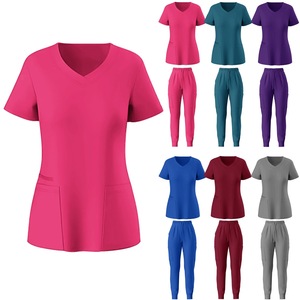 Women Scrub Set V-Neck Short Sleeve Moisture Wicking Knitted Split Uniform Hospital Workwear Casual Wear Pet Clinic Apparel - Product Image 1