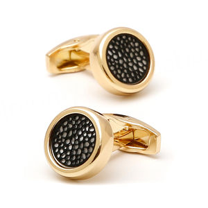 Boutons de manchette simples, uniques et créatifs de style français, ronds, pour chemise d'homme, avec garniture en maille noire - Product Image 1