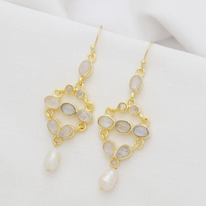 Venta caliente Exclusivo Arco Iris Piedra lunar y Perla Chapado en oro 925 Pendientes colgantes de piedras preciosas de plata esterlina para regalo - Product Image 2