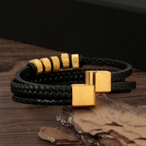 Hot-Selling Stainless Steel Leather Bracelet Brown for <b>Men</b> Multi Layer Magnetic Black Brown Leather Clasp Bracelet - Product Image 2