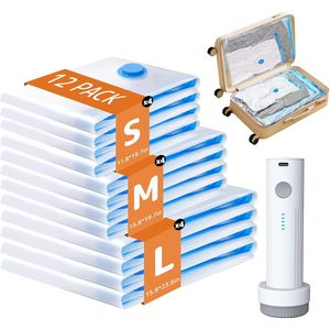 Vacuum Storage <b>Bags</b> 12 Pack With Rechargeable Pump S M L Sizes For Travel Space Saving <b>Compression</b> Suitcase Organizer - Product Image 1