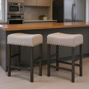 <b>Tan</b> Upholstered Counter Height <b>Dining</b> <b>Chairs</b> Set Of 2 Wood Legs Linen Modern Transitional Style - Product Image 2