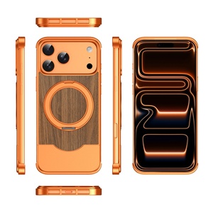 Walnut Wood Back Panel Magnetic Phone Case for <b>iPhone</b> 17 13 14 15 16 Pro Max With 360° Stand Aluminum Frameless Shockproof Cover - Product Image 6