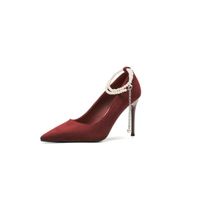 9888J Women's <b>Red</b> Suede <b>Pumps</b> Pointed Toe Ankle Strap Stiletto Heel Bridal Shoes With Pearl Bead Decoration - Product Image 5