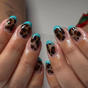 Faux ongles à presser motif léopard français bleu, imprimé animal marron, courts, ovales, pour l'été, la plage, la fête, <span class=keywords><strong>manucure</strong></span> tendance 4584 - Product Image 1