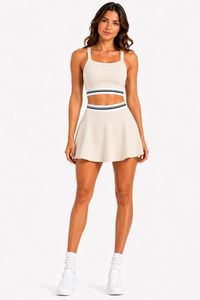 Ensemble 2 pièces crop top et jupe évasée, col carré, bretelles halter, taille haute, bordure contrastante, respirant, en Spandex et Polyester, pour le yoga - Product Image 2