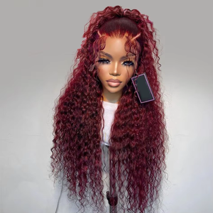 Vente en gros sans colle bordeaux vin rouge crépus bouclés cheveux humains dentelle frontale perruque vague d'eau tisse et perruques cheveux brésiliens péruviens - Product Image 1