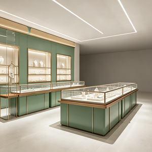 Aménagement intérieur de bijouterie de luxe, vitrine sur mesure pour bijoux, équipement de magasin, kiosque à bijoux en laiton vert pour boutique de détail - Product Image 6