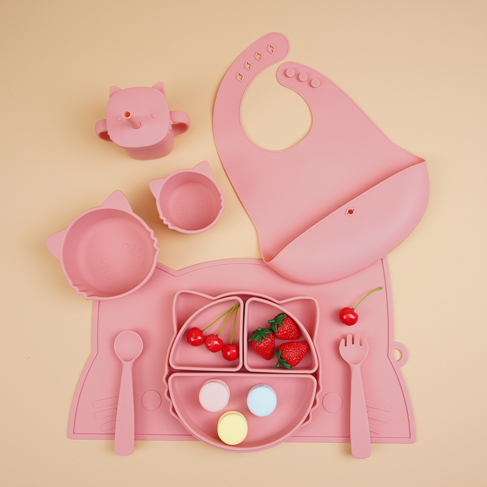 En forme de chat - Vaisselle en silicone (ensemble de 9 pièces) - Rose clair