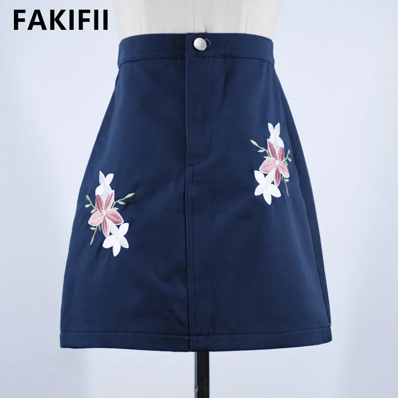Fakifii 2023 Latest Design High Quality Navy Women Wholesale Vintage Clothing A-Line Short Skirt With Embroidered Flower