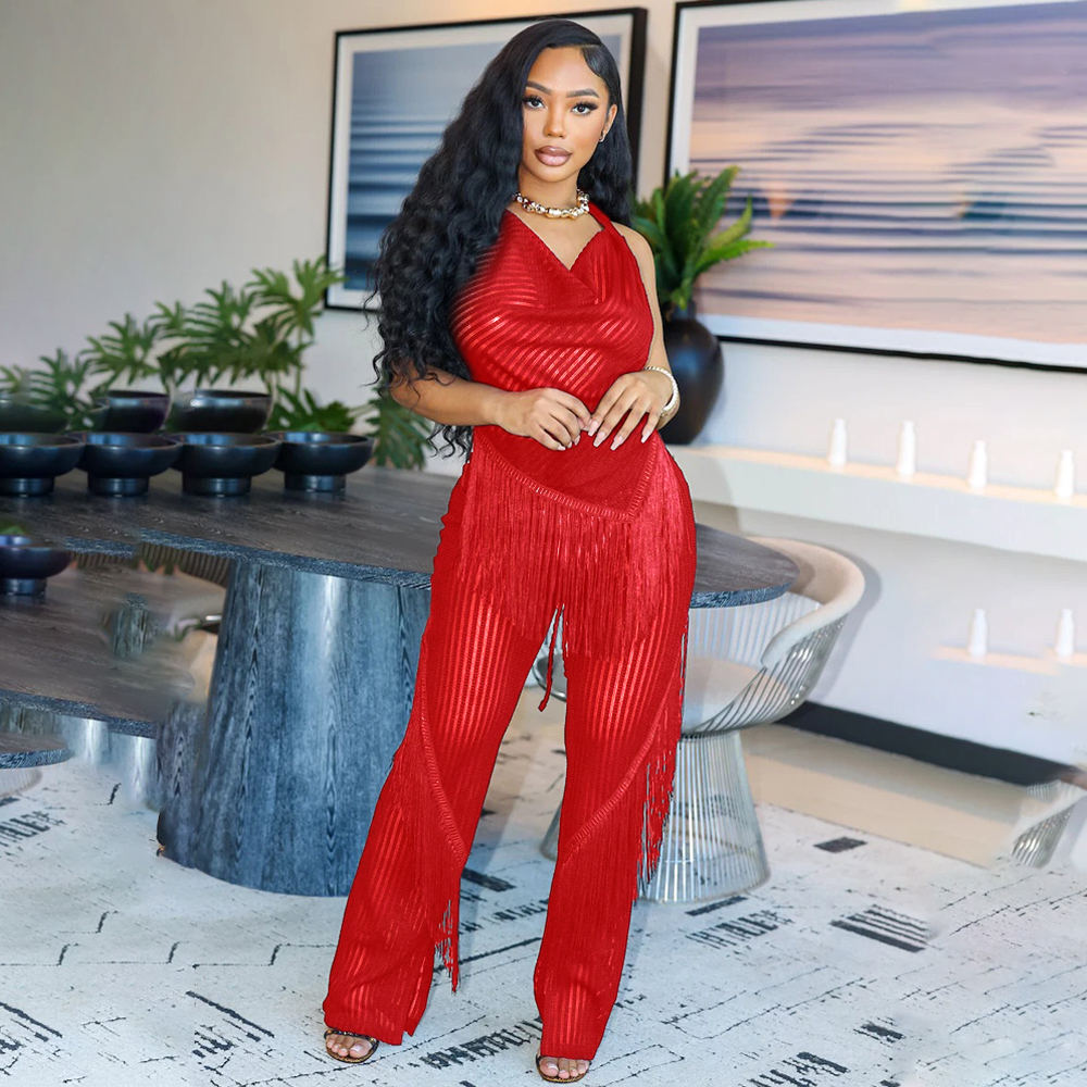 CY901420 Sexy Two Piece Club Outfit Backless Tassel Top