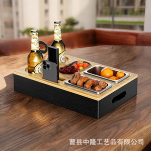 Solid Wood <b>Snack</b> Box With Compartments Remote And Phone Holder Wooden <b>Tray</b> Storage Organizer For Living Room - Product Image 3