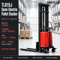 Gerbeur semi-électrique en gros 1500 kg, mât simple/double, fourches 550/640 mm, batterie plomb-acide 12V 120Ah, poids 510 kg, garantie 1 an