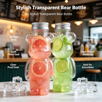 Bouteille de jus en PET transparente avec couvercle en aluminium, motif ours 3D mignon, sans BPA, qualité alimentaire, anti-fuite, vente en gros