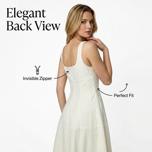 שמלת מקסי נשית, 100% כותנה, ללא כתפיות, בגזרה A, עם קשירה במותן, צווארון U, גזרה רחבה, מבד ארוג, מתאימה לכל עונות השנה, ללבוש יומיומי - Product Image 3