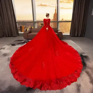 नाजुक लंबी आस्तीन लाल फीता पत्ती शादी की पोशाक चीन शादी निर्माता Sequined ब्राइडल गाउन