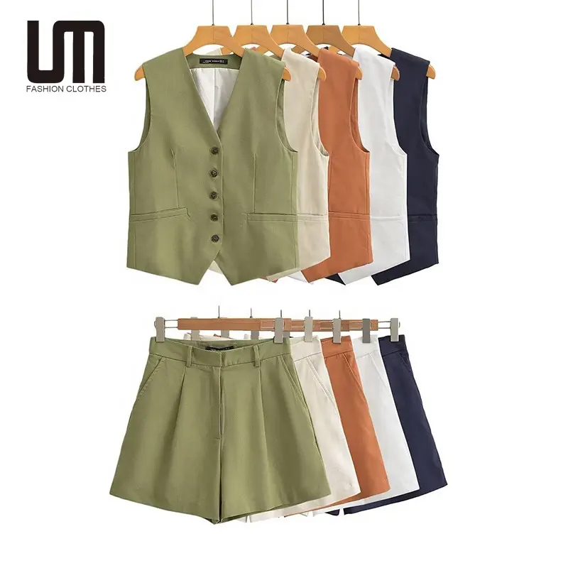 Liu Ming Atacado 2024 New Arrivals Verão Mulher Sólida V Pescoço Sem Mangas Único Breasted Coletes de Cintura Alta Shorts Calças Set