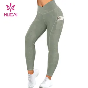 Lüks spor giyim sıkı bayanlar özel Yoga pantolon V kesim crossover bel ezme popo kaldırma yüksek bel tayt