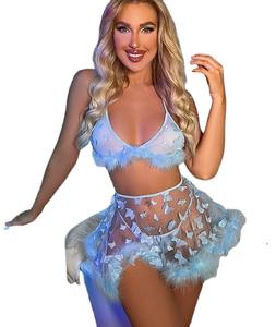 新款女性性感蕾丝内衣套装女士情色3件套糖果色蝴蝶羽毛装饰裙辣妹内衣 - Product Image 5