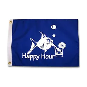 Banderas divertidas para beber personalizadas Banderas de cóctel 12x18 pulgadas Fly Blue Happy Hour Royal Fish Sign Boat Flag para interiores y exteriores