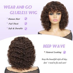 Perruques bouclées avec <span class=keywords><strong>frange</strong></span> en cheveux naturels pour femmes noires, perruque bob courte bouclée en cheveux naturels avec mèches brunes et ondulations profondes - Product Image 3