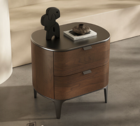 Mesa de Noche de Madera Maciza Moderna y Minimalista con Dos Cajones, Mesa Auxiliar Ajustable de Cuero para Dormitorio