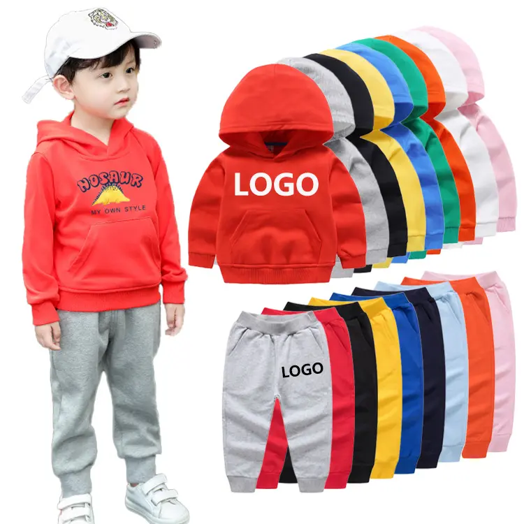 Hoge Kwaliteit 100% Katoen Hoodies En Broek Custom Logo Kids Tweedelige Set Kids Hoodies Kinderkleding Sets 2021