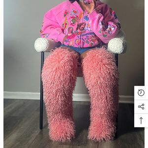 Bottes longues ultra-hautes au-dessus du genou en fausse fourrure de laine mongole, chaudes, doublées de peluche, à plateforme, pour l'extérieur, mignonnes pour filles - Product Image 3
