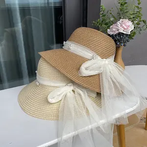 Chapeau de paille à nœud en dentelle perlée pour fille française Chapeau de protection solaire de plage d'été pour femme