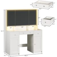 Coiffeuse OEM avec miroir et lumières, coiffeuse avec plateau en verre, prise électrique, coiffeuse blanche avec 3 tiroirs et 2 armoires