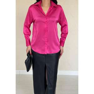 Camisa de Satén Fucsia para Mujer, con Botones, Elegante Blusa de Oficina, Color Caramelo, Manga Larga, Ropa Formal - Product Image 2