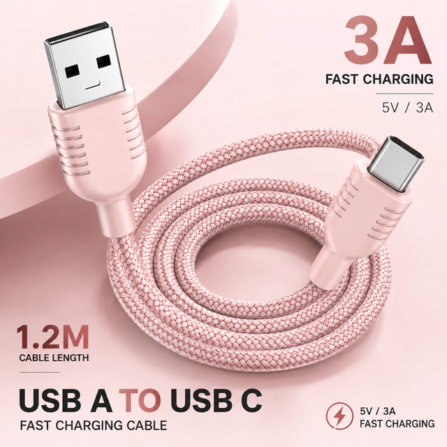 1.2M USB a to Type C Cable 5V 3A Fast Charging Black Nylon Braided USB-C Data Cable for Phone Computer