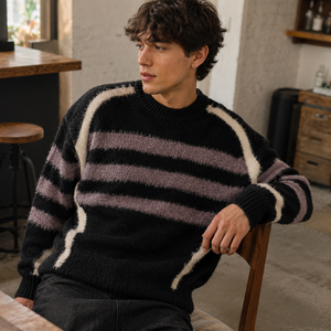 Maglione Unisex Retrò con Strisce a Contrasto, Maniche <span class=keywords><strong>Raglan</strong></span> Lunghe, Collo Tondo, in <span class=keywords><strong>Maglia</strong></span> Soffice per Uomo e Donna, Vendita all'Ingrosso - Product Image 3