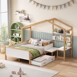 เตียงบ้านไม้สีขาวพร้อมลิ้นชักและโต๊ะเขียนหนังสือสำหรับห้องเด็ก เตียงเก็บของไม้สน เฟอร์นิเจอร์เด็กอเนกประสงค์ - Product Image 3