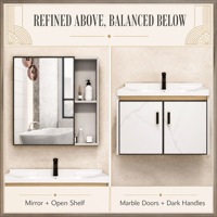 Meuble-lavabo mural Calacatta blanc en aluminium nid d'abeille avec finition dorée, miroir double porte, étagères latérales et cadre noir