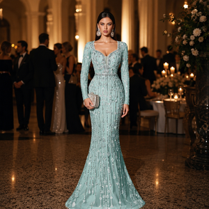 <span class=keywords><strong>Abito</strong></span> da Sera di Lusso a Maniche Lunghe con Strass e Perline, Stile Sirena, Lunghezza a Terra, Scollo Quadrato, per Eventi Formali, <span class=keywords><strong>Red</strong></span> <span class=keywords><strong>Carpet</strong></span>, Banchetti e Balli di Gala - Product Image 1