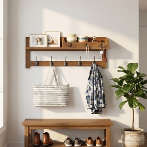 Porte-manteau mural vintage en bois grainé avec 1 étagère, 5 crochets doubles et porte-clés pour l'entrée - Product Image 1