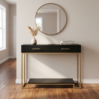 Table console contemporaine en MDF avec plateau en bois et étagère de rangement, finition métallique dorée, pour salon et appartement (vente en gros)