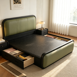 Minimalist <b>Queen</b> <b>Size</b> Storage <b>Bed</b> with PU Leather Upholstery and Rubber Wood <b>Frame</b> Durable Modern Design - Product Image 3